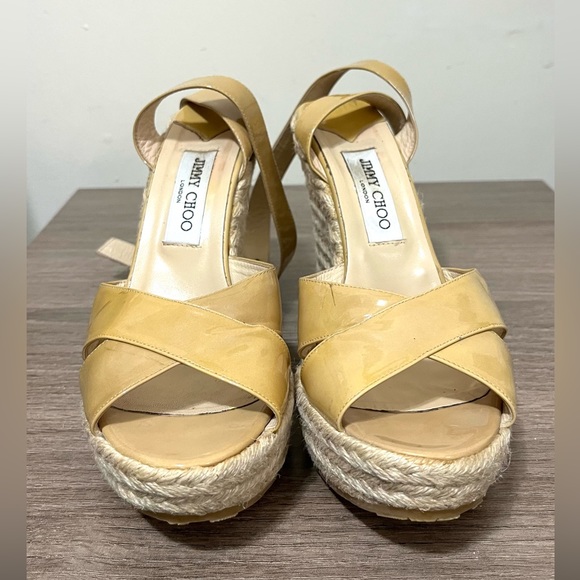 Jimmy Choo Phoenix Espadrille Wedges Patent Leather Nude Size 10 - Picture 4 of 12